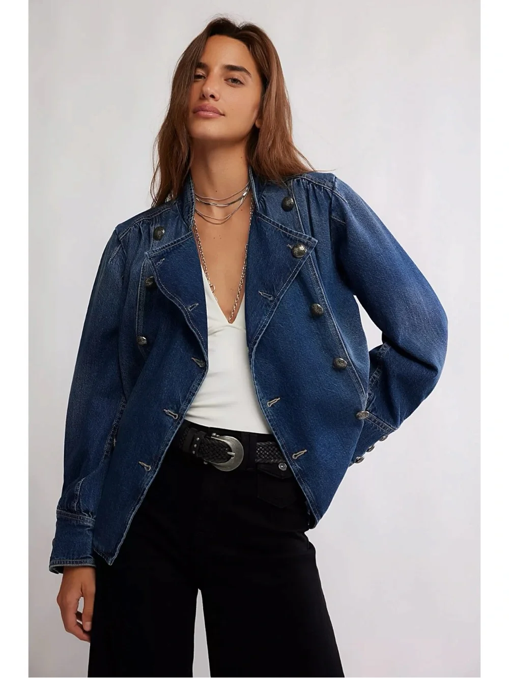 Free People Imogene Denim Officer Jacket in Ensign Wash Large Military Denim - Picture 11 of 16
